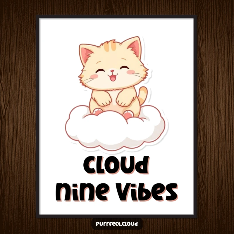 Funny fluffy cat poster featuring a happy cat leaping energetically on a puffy, soft cloud.
