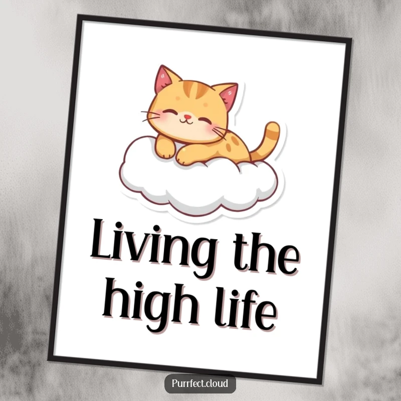 Funny ginger cat character peacefully floating on a fluffy cloud, displayed on a calming and funny digital art print.