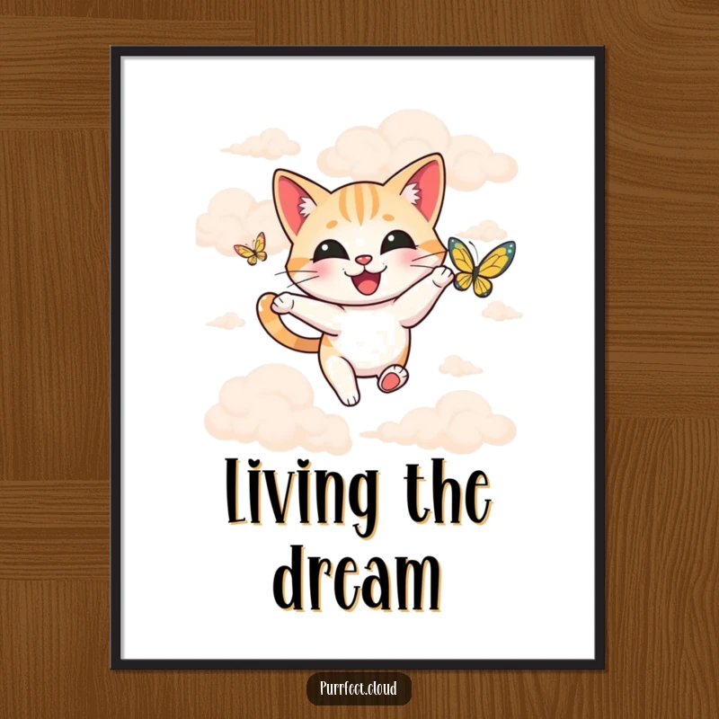 Funny happy cat chasing a butterfly through soft, billowy clouds, presented as delightful wall art.