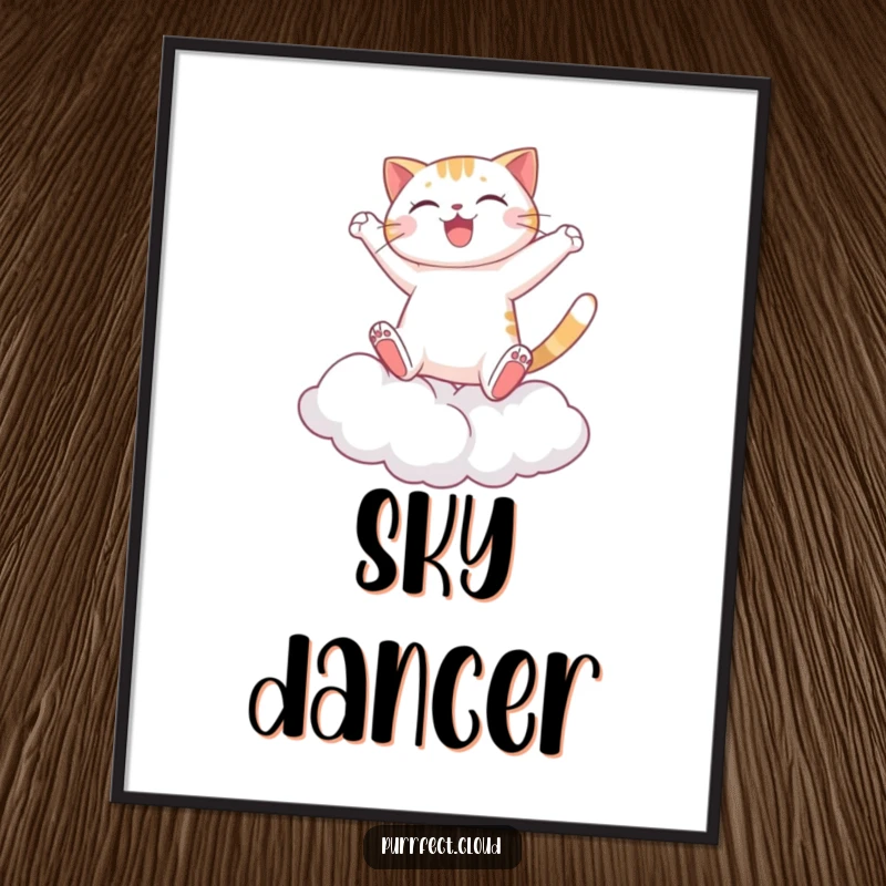 Funny Cat Poster, a joyful feline captured mid-leap between clouds, perfect for adding dynamic energy and whimsical fun to wall decor.