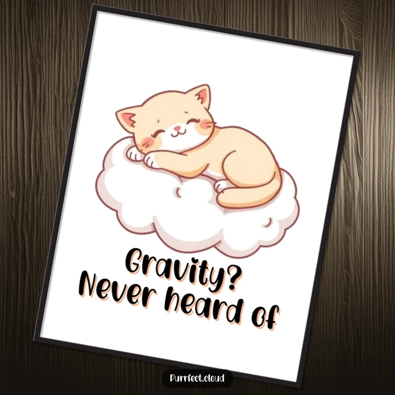 Funny cat stretching lazily on a soft cotton cloud, a humorous piece of wall art for cat lovers.