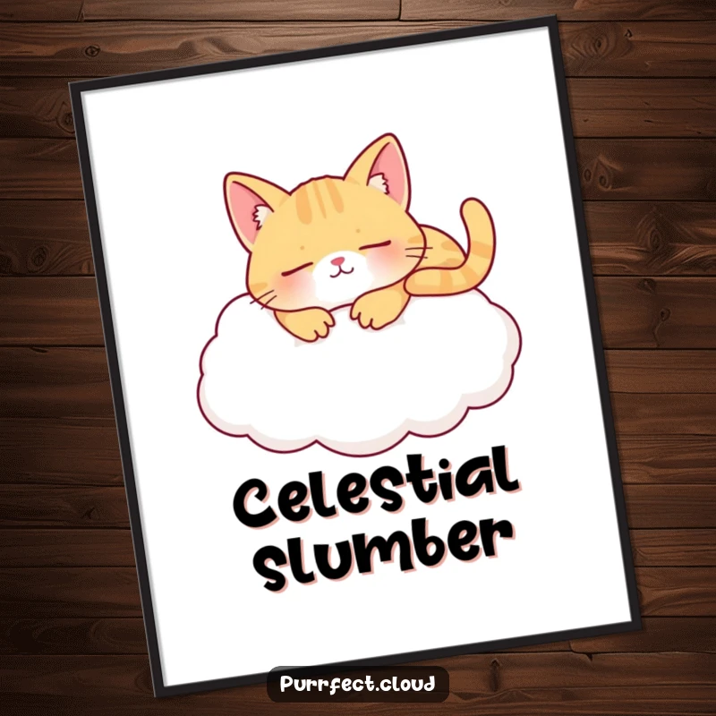 Funny napping cat cloud poster depicting a content cat sleeping on a fluffy cloud, bringing peaceful feline art to any room.