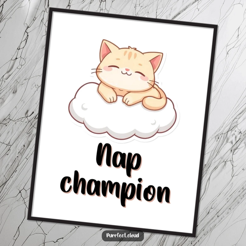 Funny purring cat cloud poster, showing a content cat lounging and purring on a soft cloud, evoking feelings of peace and relaxation.