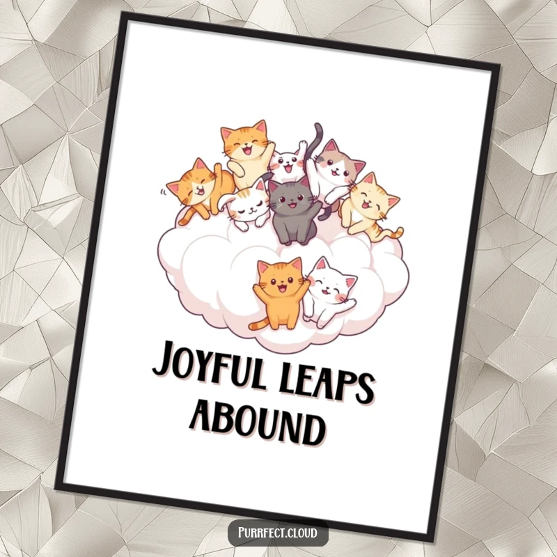 Funny Cat Tumble Poster: Multiple cats joyfully tumbling on a puffy cloud, creating a humorous and uplifting art piece. A funny gift.