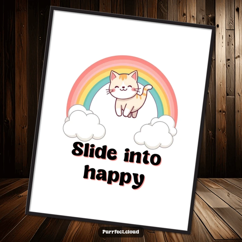 Funny rainbow sliding cat poster, depicting a happy cat gliding down a vibrant rainbow over fluffy clouds, a joyful and colorful artwork.