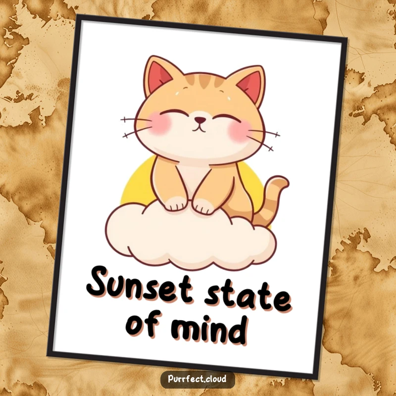 Funny cat poster, a peaceful feline sleeps on a magical sunset cloud, dreamy and artistic wall decor.