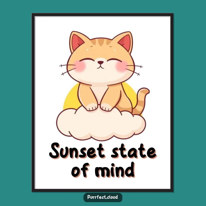 Funny Cat Dreaming on Sunset Cloud Poster - Whimsical Wall Art Gift