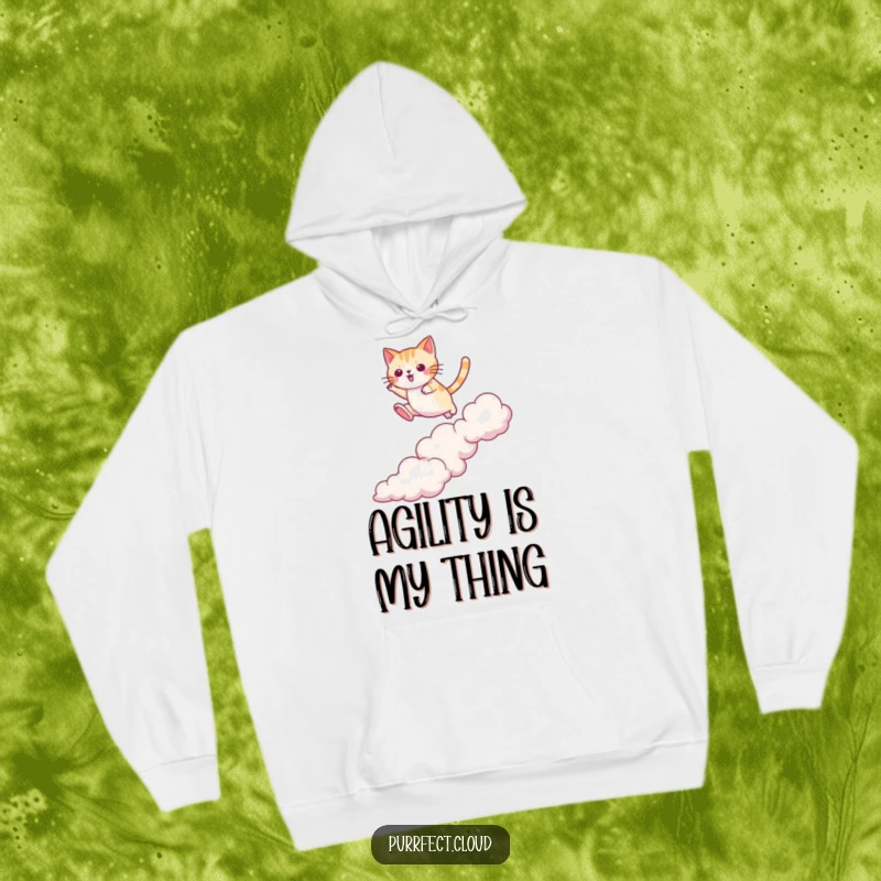 Funny cat hoodie illustrating a cat jumping between clouds with agility, fearless action, warmth and determination, the ultimate funny gift.