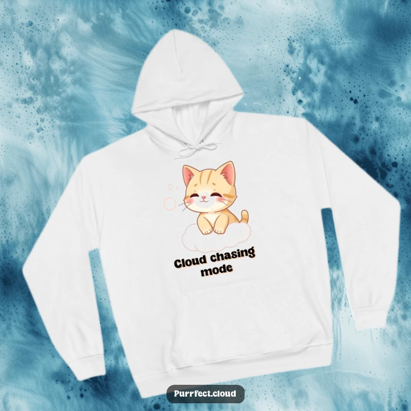 Funny cat attempting to catch wind on a cloud, depicted on a cozy and warm hoodie.