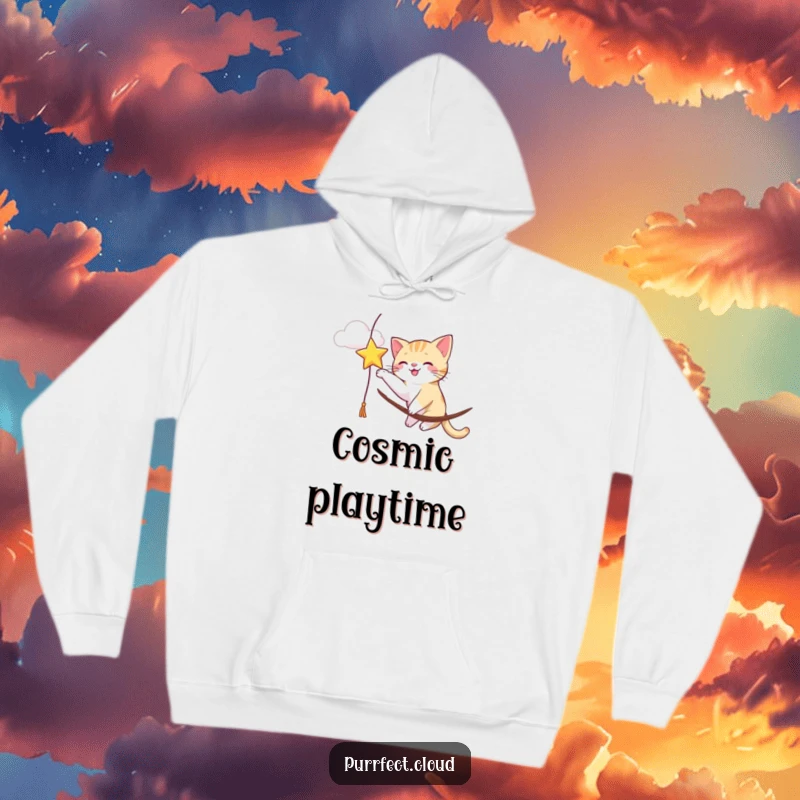 Funny cat actively batting at a dangling bright star from its perch on a cloud, featured on this cozy hoodie.