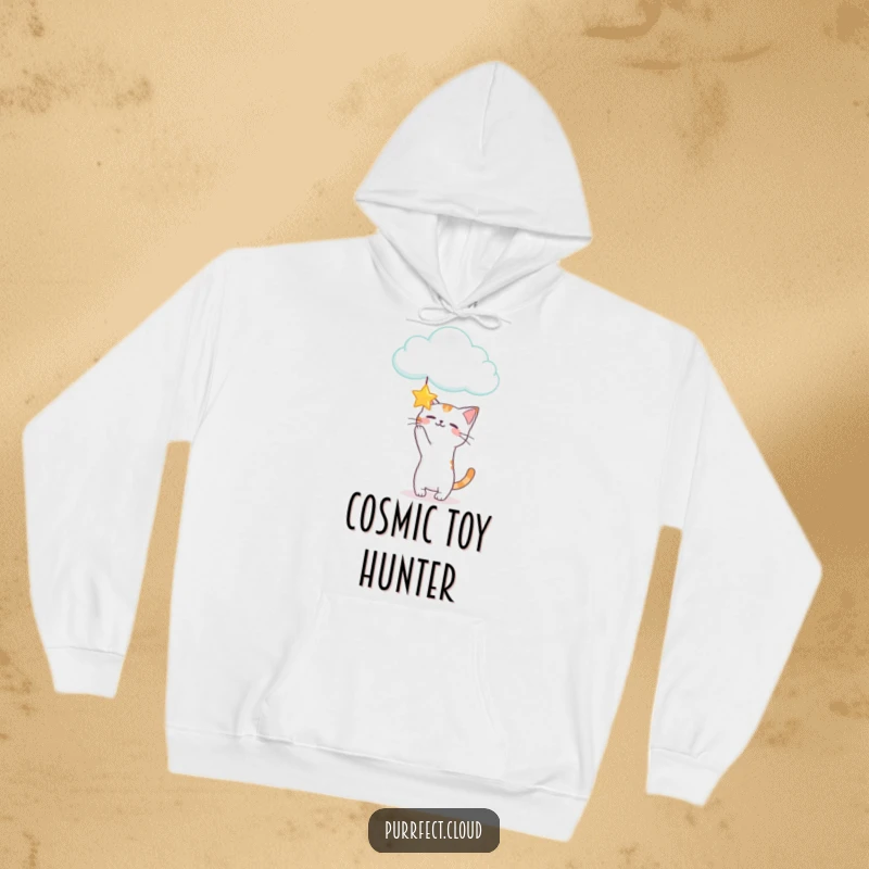 Funny Playful Cat Hoodie showing a cat reaching for a star from a cloud, perfect for fun-loving individuals.