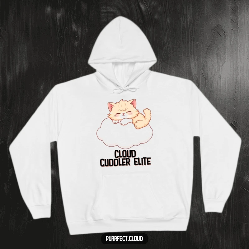 Funny cat hoodie showcasing a fluffy cat comfortably lounging on a puffy, white cloud.