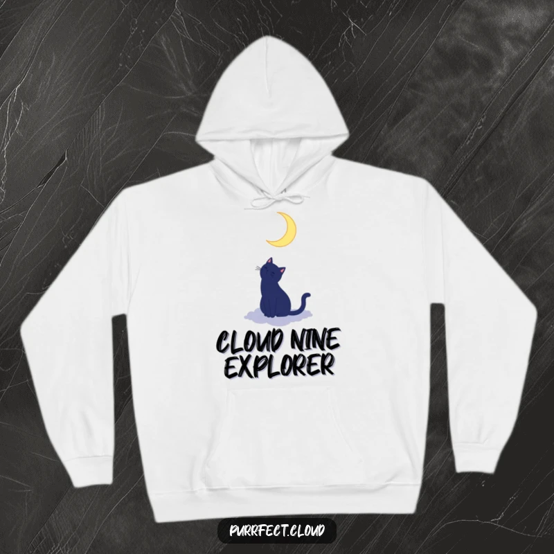 Funny cat silhouette hoodie showing a cat on a cloud looking up at a crescent moon, perfect for cozy nights and mystical vibes.