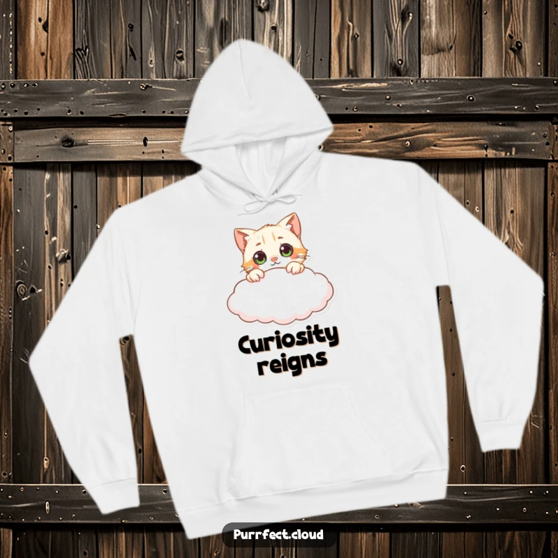 Funny curious cat cloud hoodie, showing a cat peeking over a cloud with wide eyes, providing cozy comfort and sparking curiosity.