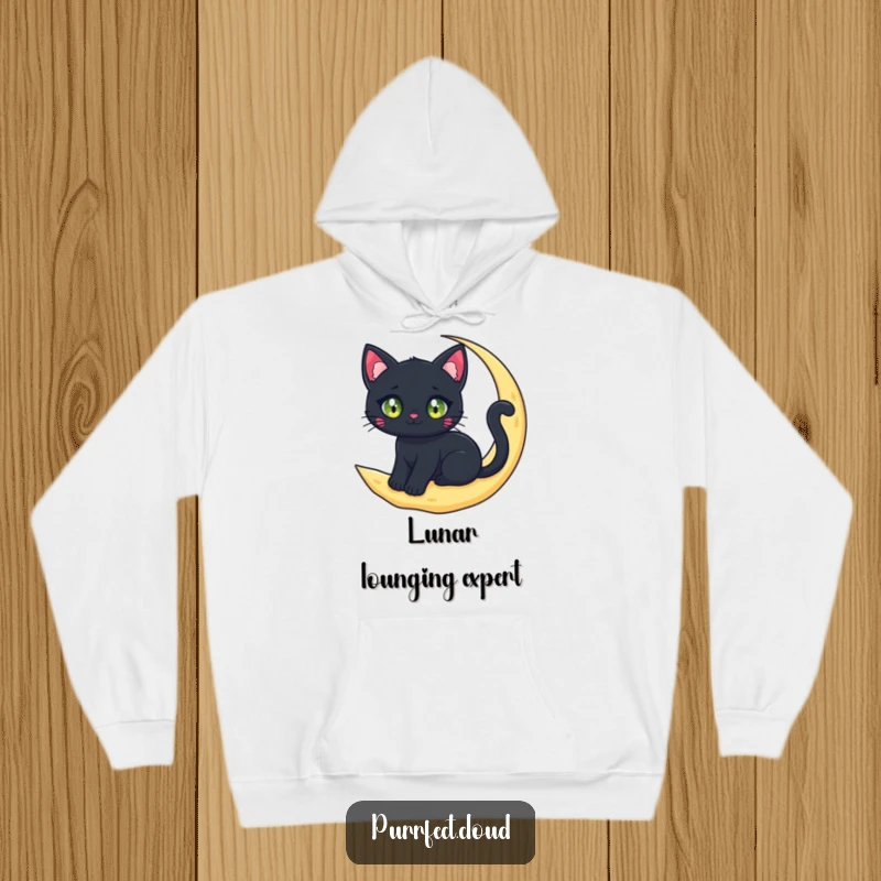 Soft and cozy funny hoodie depicting a black cat character with sparkling eyes sitting on a crescent moon cloud.