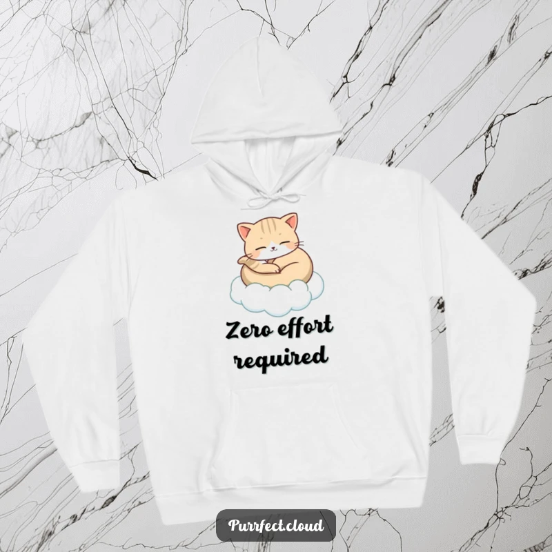 Funny hoodie showcasing a cat peacefully curled up, gently carried by a floating cloud, embodying ultimate comfort and serene tranquility.