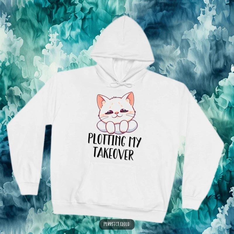 Funny hoodie showcasing a cat with a mischievous grin looking down from a cloud, embodying sly humor and playful observation.