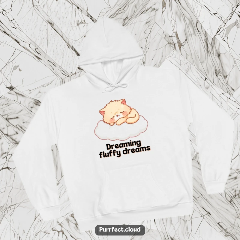 Funny cat hoodie featuring a fluffy cat sleeping soundly on a soft cloud, cozy warmth, serene dreamscape, the ultimate funny gift.