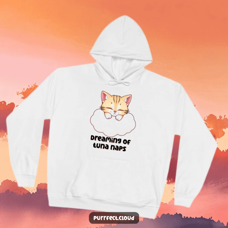 Funny Cat Hoodie: A wide-eyed cat snoozing soundly on a soft cloud, embodying peaceful joy and humor. An excellent funny gift.