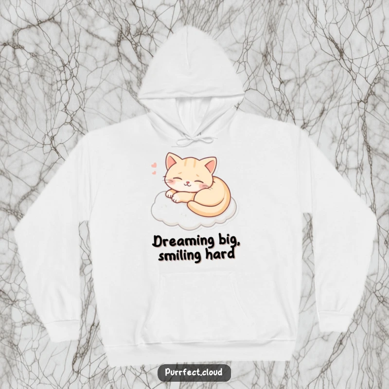 Funny warm hoodie with a cat happily dreaming on a cloud, offering ultimate comfort and a touch of playful serenity.