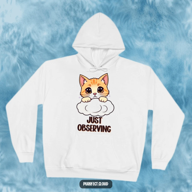 Funny cat hoodie with a curious expression, a kitty peeking over a cloud, bringing warmth and humor, a great gift.