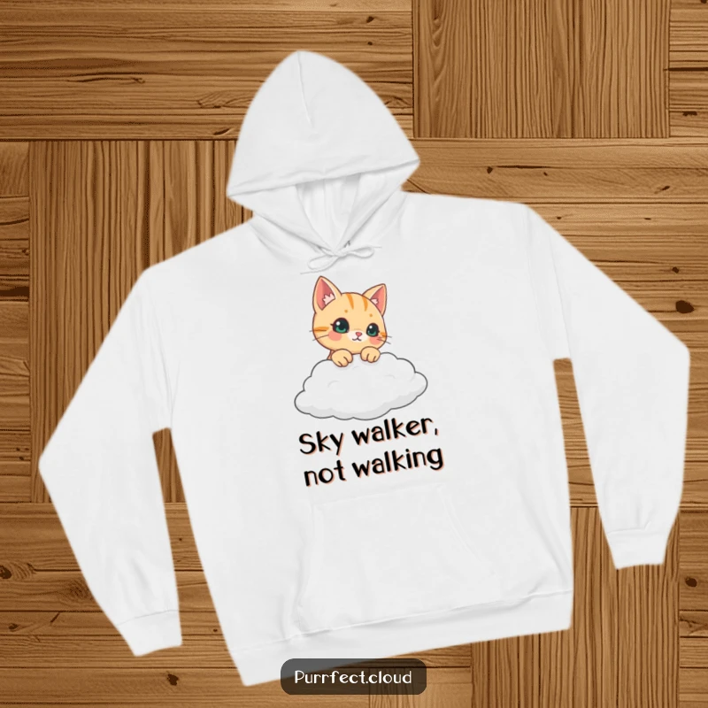 Funny curious cat peeking over a white cloud, warm and cozy hoodie, ideal funny gift for cat lovers.