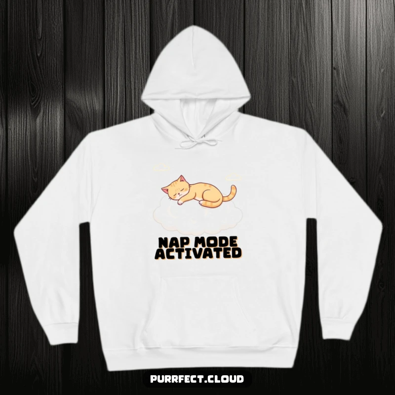 Funny napping cloud cat hoodie, a content cat asleep on a soft cloud, perfect for cozy days.