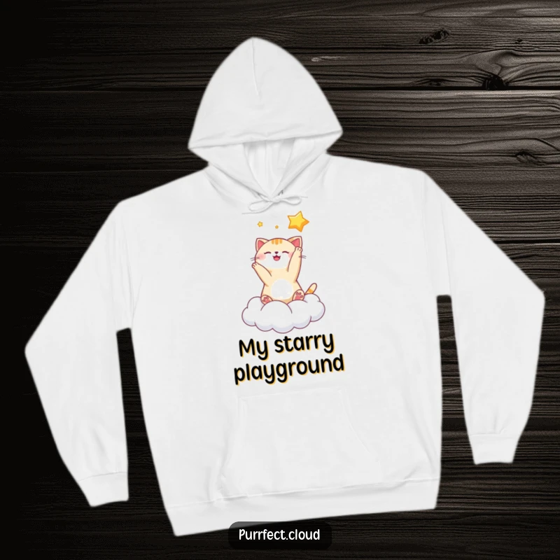 Funny playful cat star hoodie showing a cat batting at a star on a cloud, perfect for dreamers and cat enthusiasts.