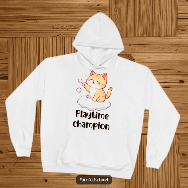 Funny cat hoodie, playing fetch with itself on a cloud, tossing a tiny ball, perfect for cozying up with humor.