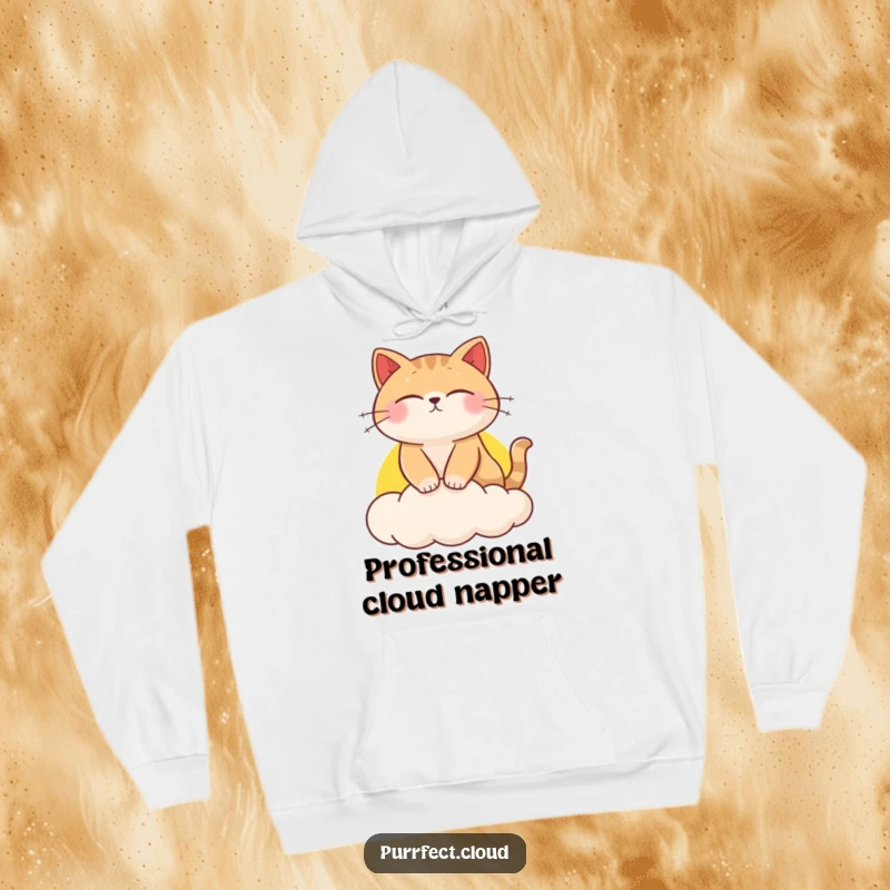 Funny cat hoodie, featuring a serene feline napping on a dreamy sunset cloud, ultra-soft and warm clothing.
