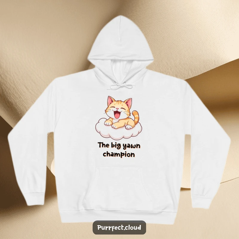 Funny Yawning Cat Hoodie: A playful cat in a big yawn, lounging comfortably on a cloud, offering warmth and humor. An excellent funny gift.
