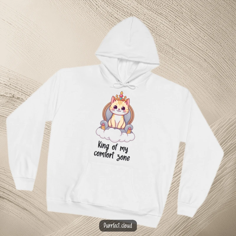 Funny cat hoodie, a majestic cat is seated on a cloud throne, luxurious and warm apparel.
