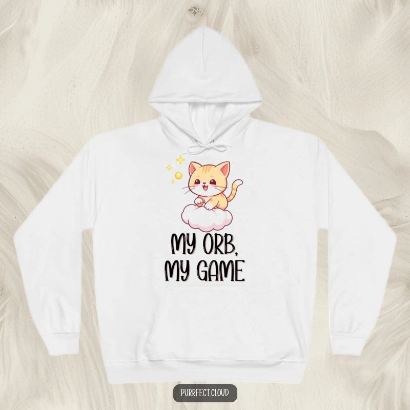 Funny cat hoodie showing a playful cat chasing a glowing orb on a cloud, comfortable and mystical.