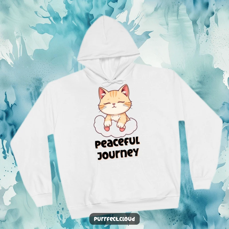 Funny peaceful cat hoodie, with closed eyes, enjoying a cloud ride, perfect for cozy comfort and relaxation.