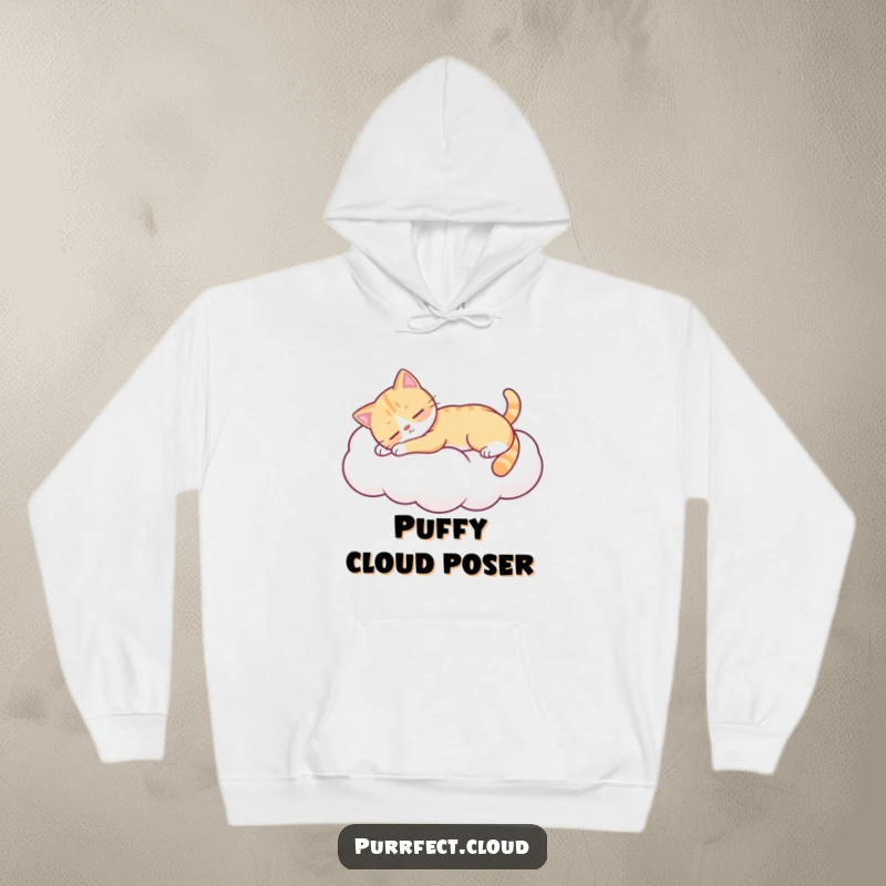 Funny cat stretching on a fluffy cloud, ultra-soft hoodie, perfect funny gift for relaxation seekers.