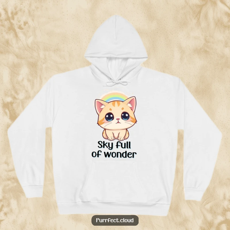 Funny Cat Rainbow Hoodie, a cat looks at a rainbow from a cloud, wide-eyed and amazed, warm and cozy clothing.