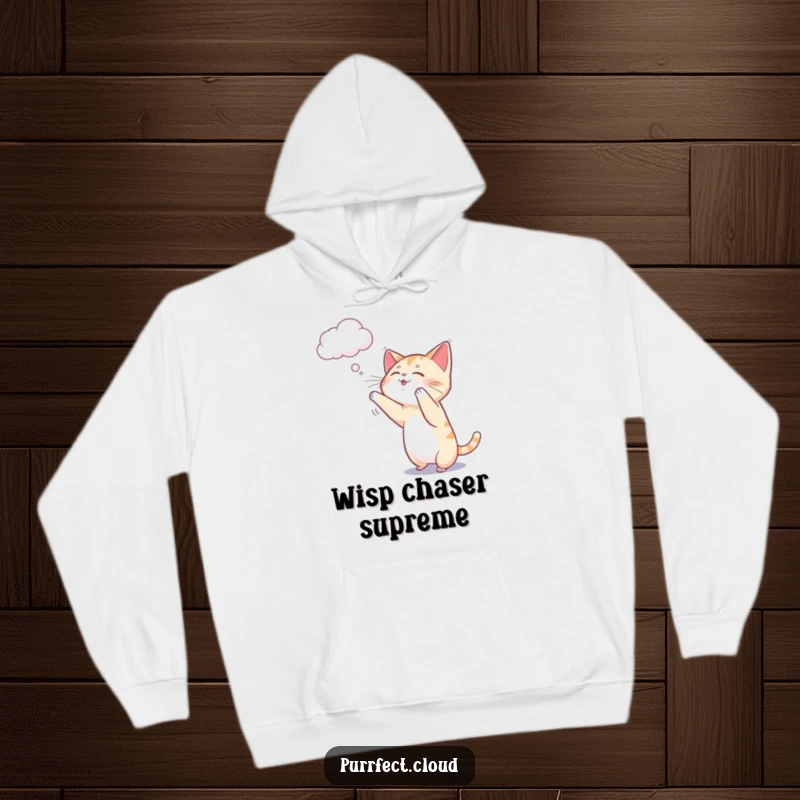 Funny cat hoodie featuring a playful cat gently swatting at a delicate wisp of cloud.