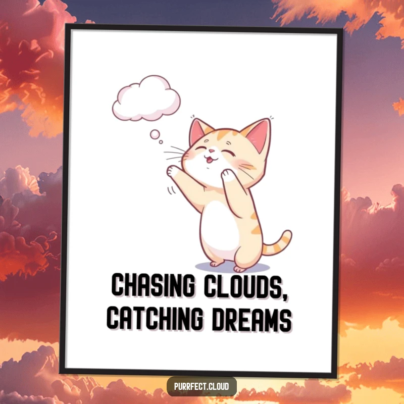 Funny Free Printable Wall Art: A playful cat character actively batting at a delicate wisp of cloud.