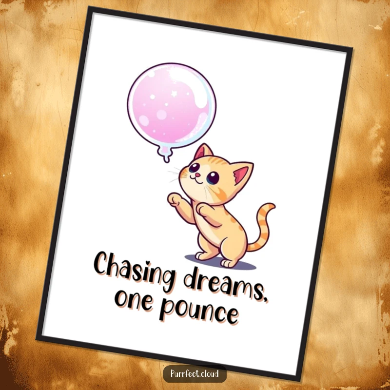 Funny Free Printable Wall Art: A determined cat is captured mid-leap, aiming to catch a whimsical, iridescent dream bubble.