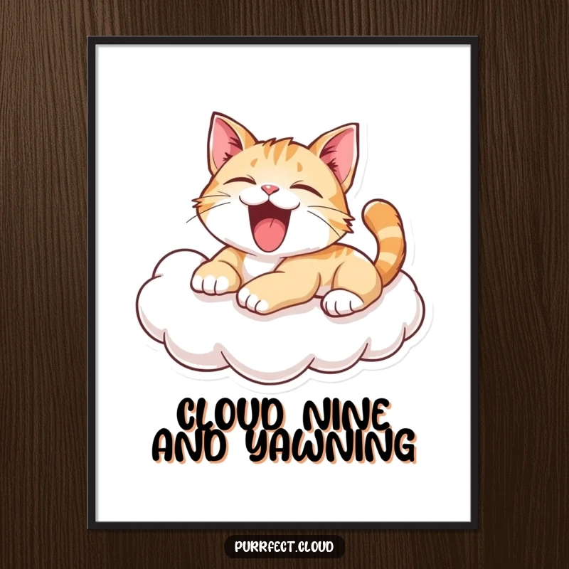 Funny Free Printable Wall Art of a cat in the middle of a huge yawn, lounging lazily on a soft, inviting cloud.