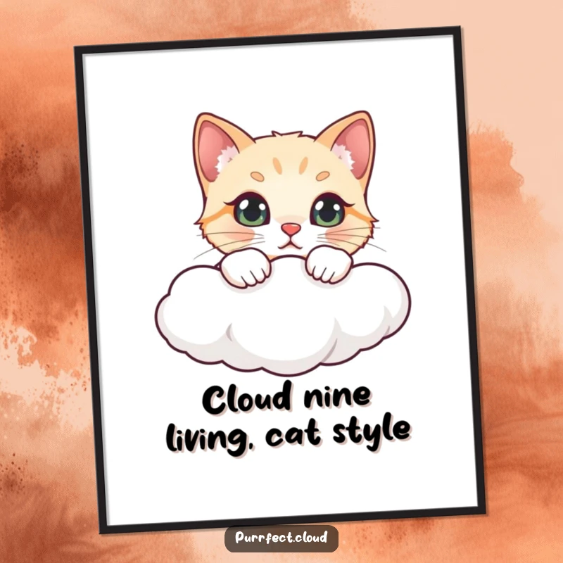 Funny Free Printable Wall Art: A curious cat peering over a cloud edge, adding a playful touch to decor.