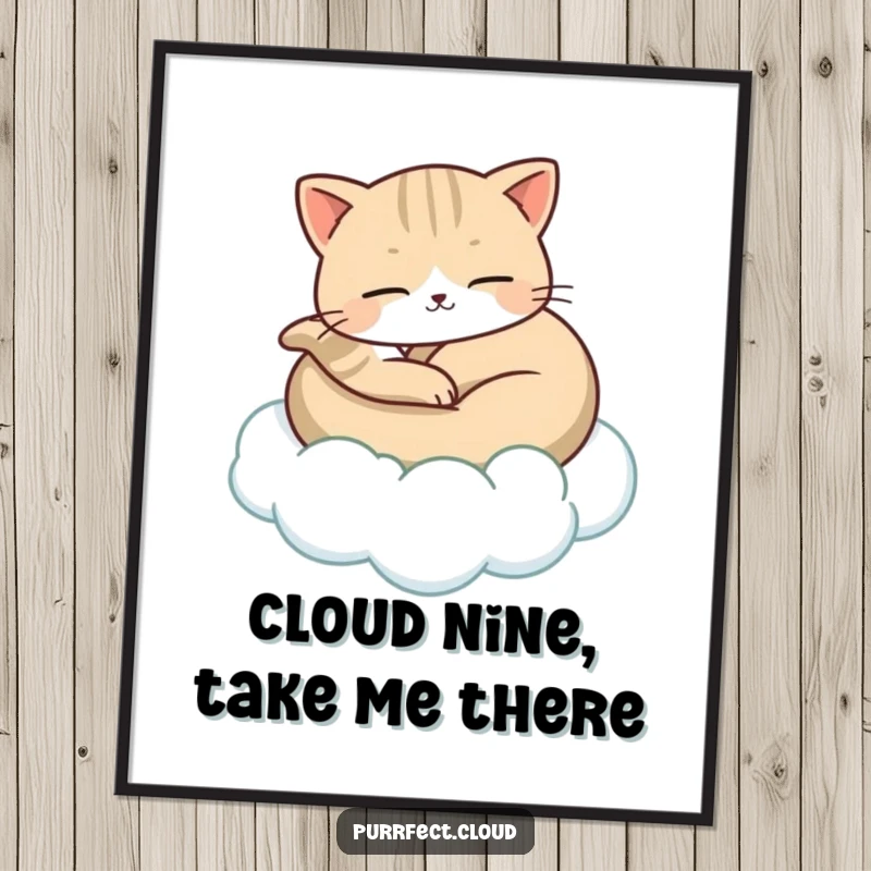 Funny Free Printable Cat Wall Art: a peaceful cat curled up, gently floating on a soft, dreamlike cloud.