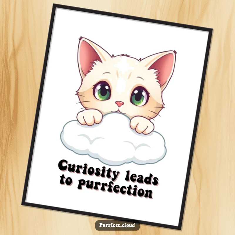 Funny Free Printable Wall Art: A curious cat with wide, expressive eyes peeking over the edge of a cloud.