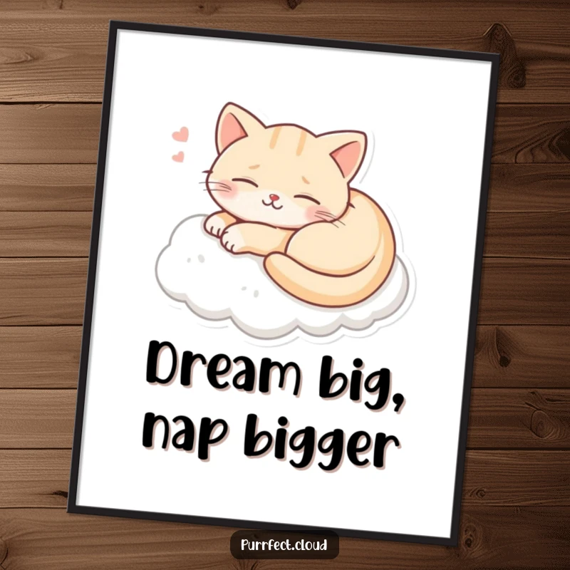 Funny Free Printable Wall Art of a cat blissfully dreaming on a cloud, exuding pure happiness and peace.