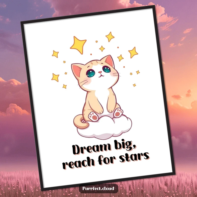 Funny Free Printable Wall Art: A wide-eyed cat perched on a cloud, looking up in awe at a sky full of stars.