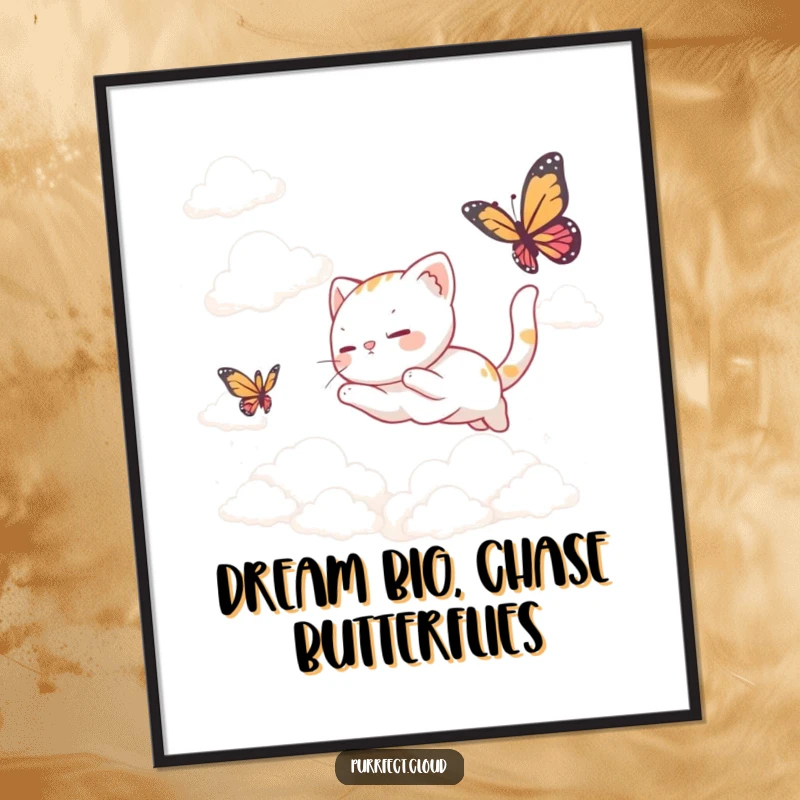 Funny Free Printable Wall Art depicting a playful cat chasing a butterfly in a serene cloudscape.