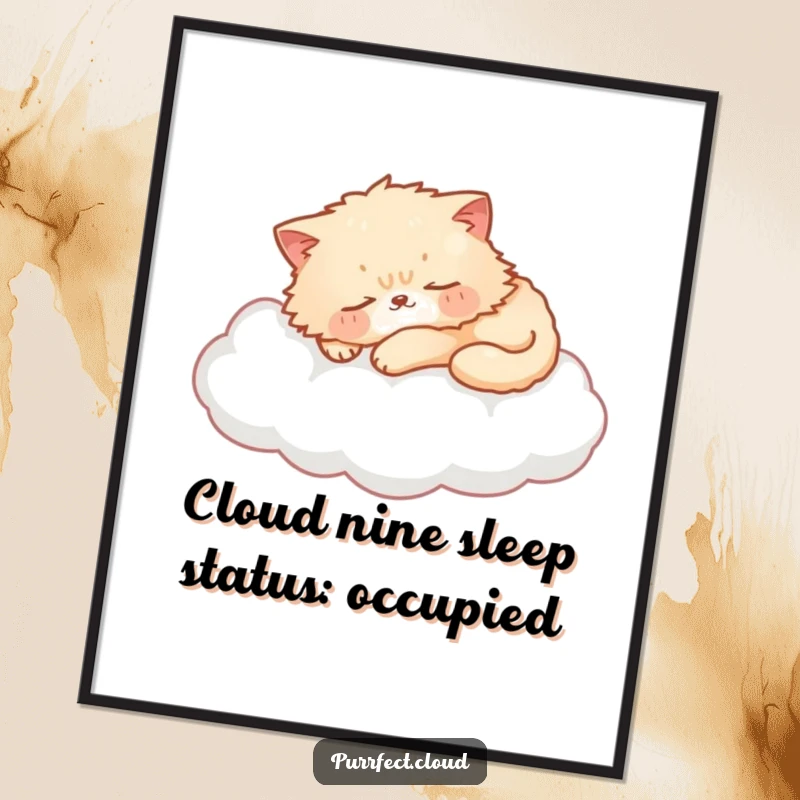 Cute Free Printable Wall Art: A fluffy cat sleeping soundly on a soft, pillowy cloud, radiating peace.