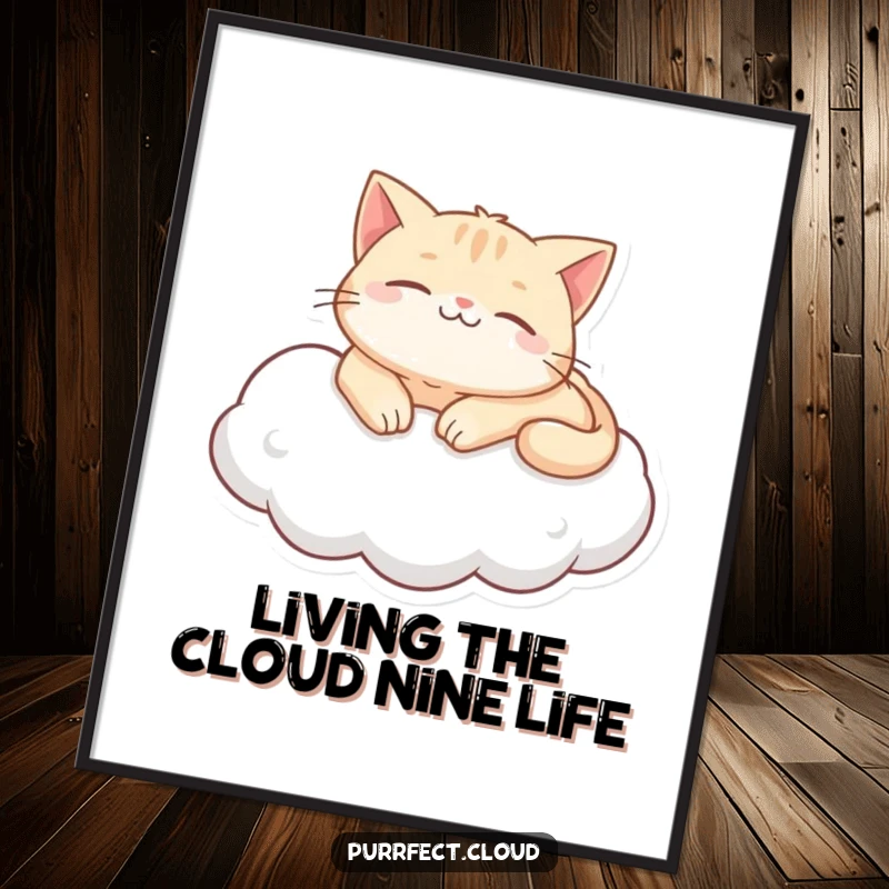 Funny Free Printable Wall Art of a content cat character purring and lounging comfortably on a soft, fluffy cloud.