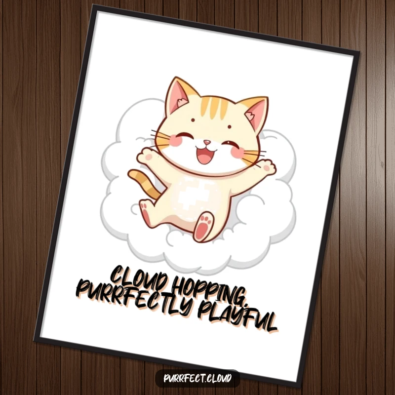 Funny Free Printable Wall Art of a playful cat character caught mid-leap through a fluffy white cloud.