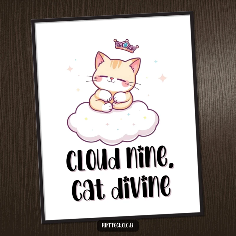 Free Printable Wall Art: A majestic cat lounges regally on a cloud sprinkled with shiny sparkles.